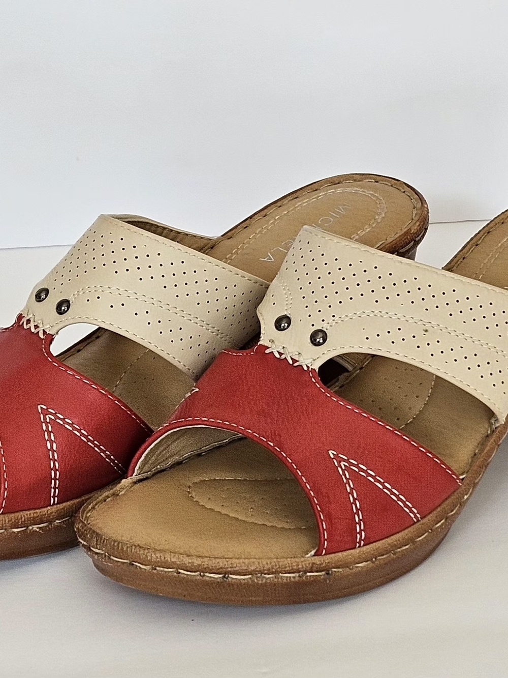 MICHAELA Women's Comfort Wedge Sandals Mules Colorblock Red Cream Size EU 40 - Picture 2 of 13